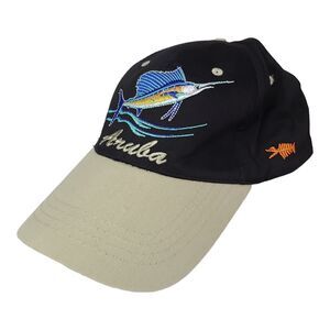 Aruba One Happy Island Black Strap Back Hat Embroidered Marlin Cap Fish Fishing